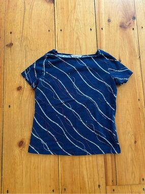 Liz Claiborne Petite PS Navy Nautical Rope Print Cotton Top